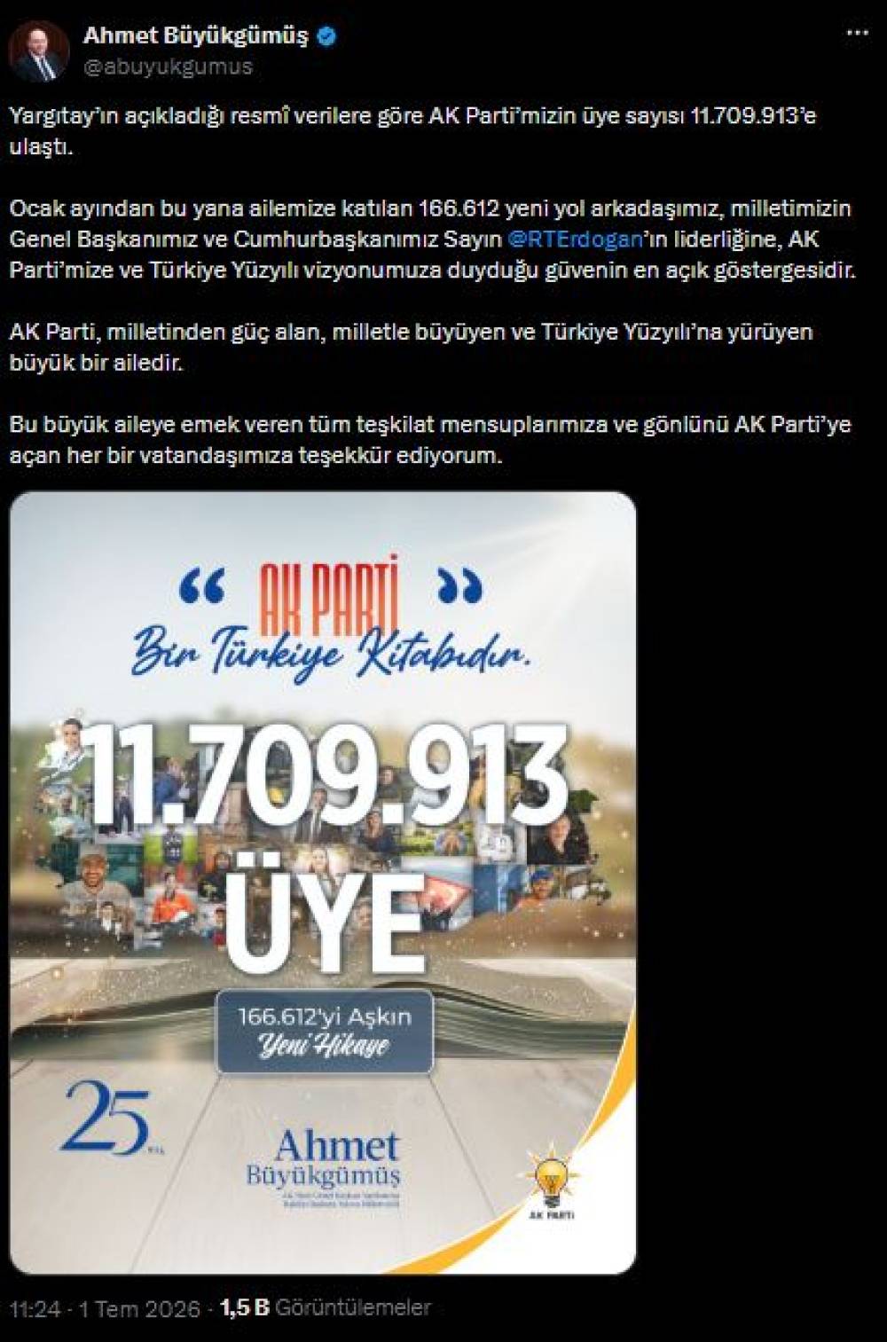 AK Parti'li B&uuml;y&uuml;kg&uuml;m&uuml;ş: AK Parti'mizin &uuml;ye sayısı 11 milyon 709 bin 913'e ulaştı