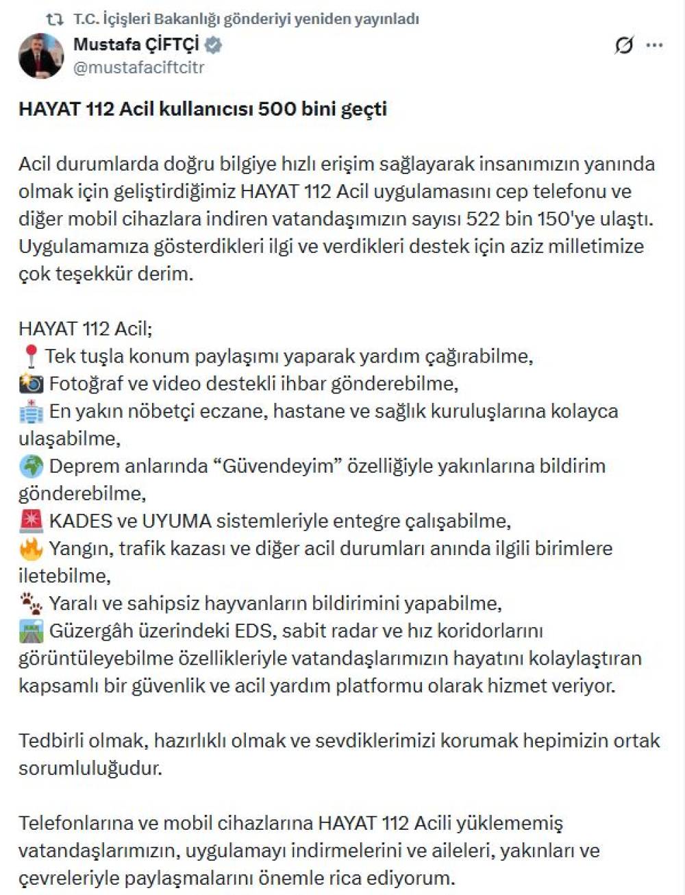 Bakan &Ccedil;ift&ccedil;i: HAYAT 112 Acil uygulamasını indiren vatandaş sayısı 552 bin 150'ye ulaştı