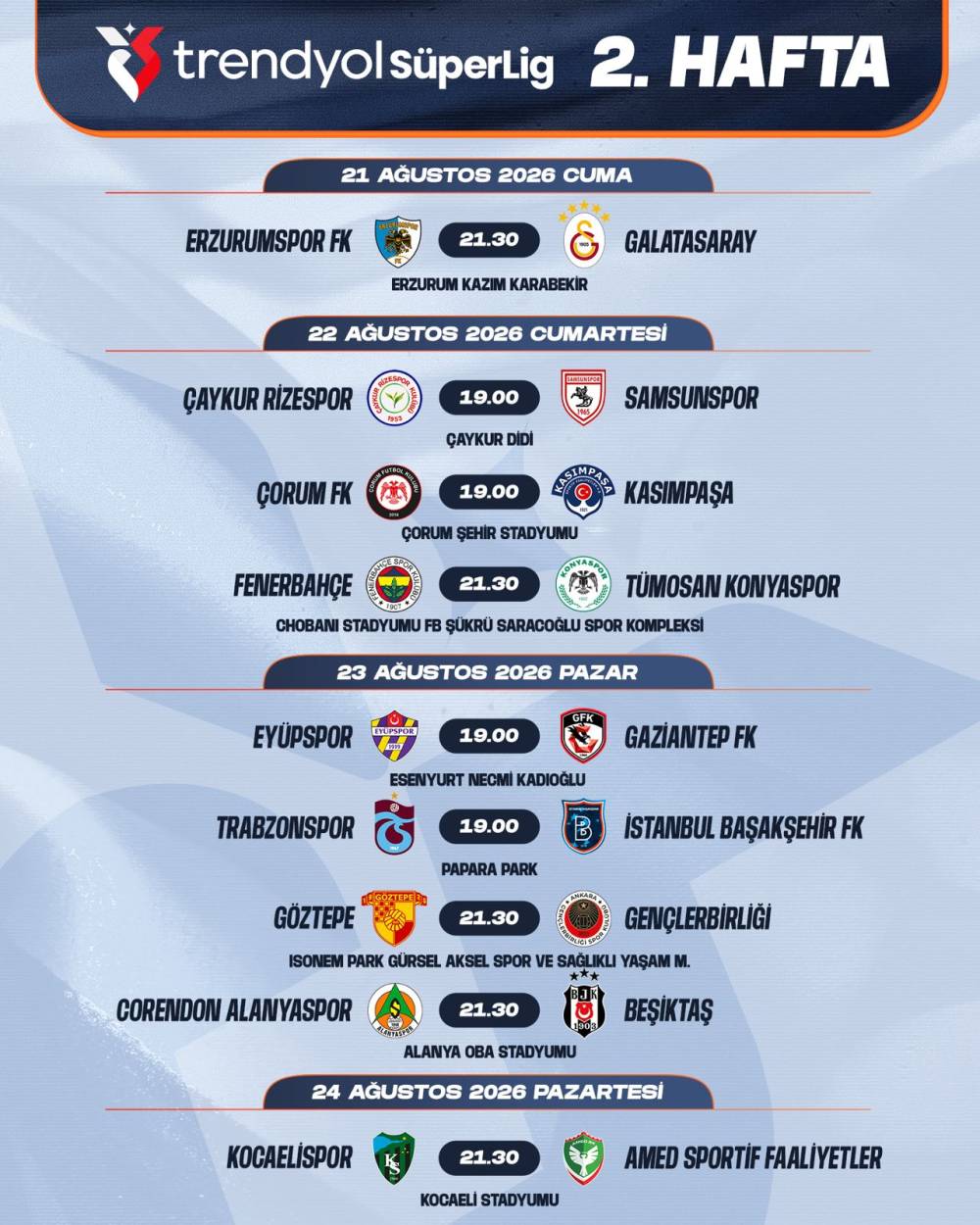 S&uuml;per Lig&rsquo;de 2&rsquo;nci ve 3&rsquo;&uuml;nc&uuml; haftanın programları belli oldu