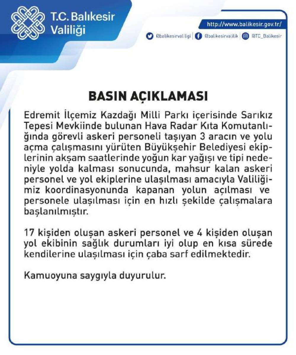 17 askeri personel ve 4 belediye işçisi Kazdağları’nda mahsur kaldı