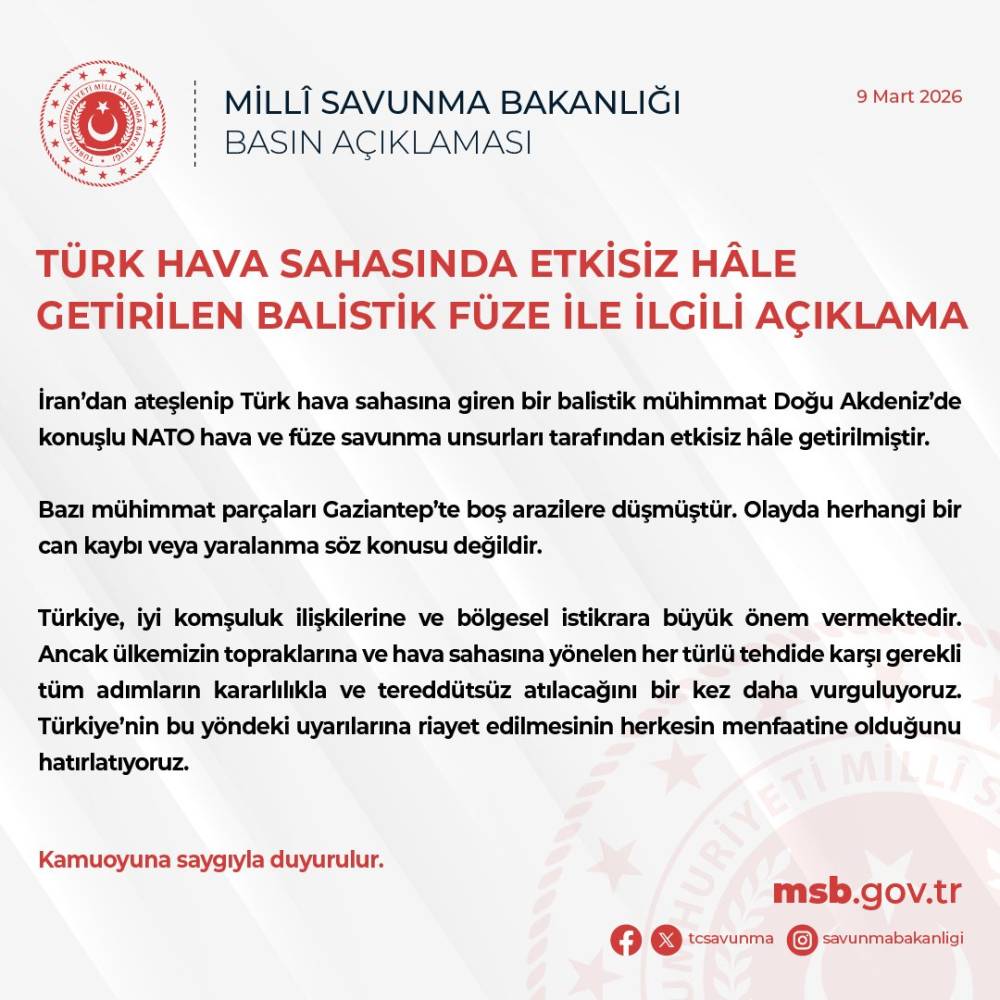 MSB: T&uuml;rk hava sahasına giren balistik m&uuml;himmat imha edildi