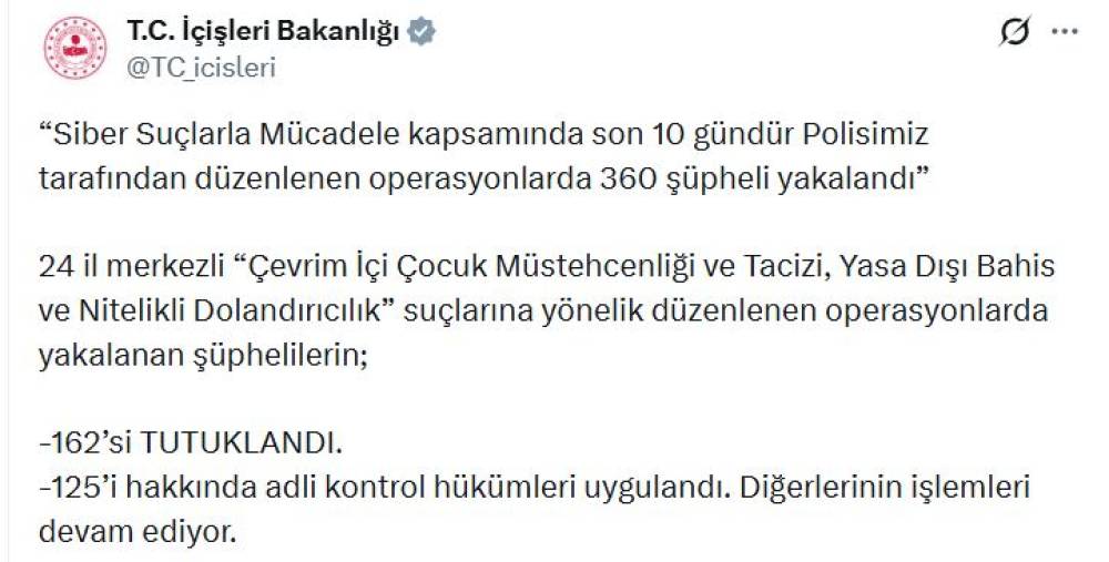 24 ilde 'siber su&ccedil;' operasyonu; 162 tutuklama