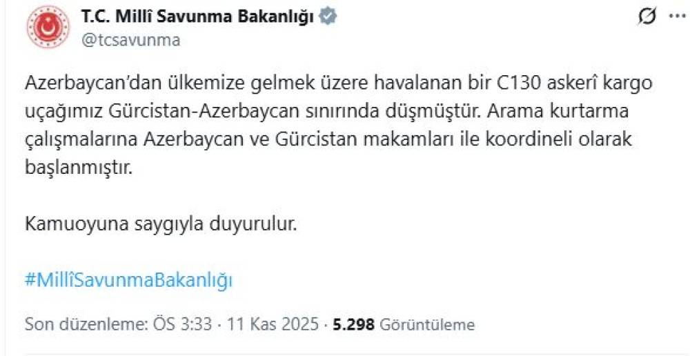 MSB: Askeri kargo uçağımız Gürcistan-Azerbaycan sınırında düştü