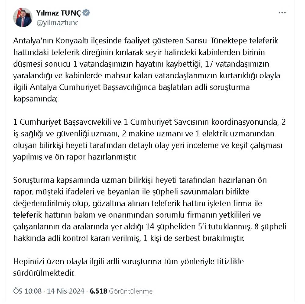 Bakan Tunç: Antalya'da teleferik kazası soruşturmasında 5 kişi tutuklandı