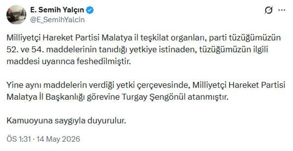 MHP'li Yal&ccedil;ın: MHP Malatya il teşkilatı feshedildi
