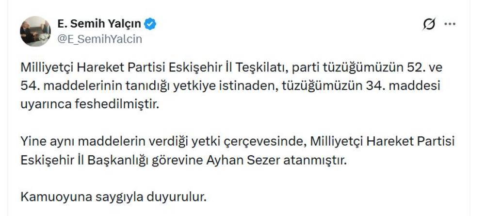 MHP'li Yal&ccedil;ın: Eskişehir İl Teşkilatı feshedildi