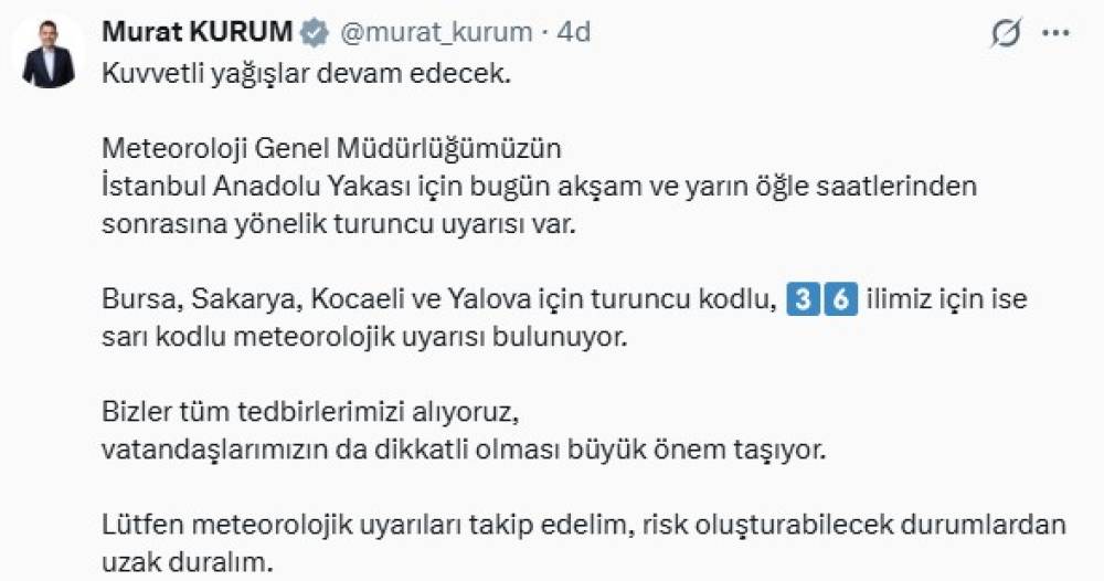 Bakan Kurum: Kuvvetli yağışlar devam edecek