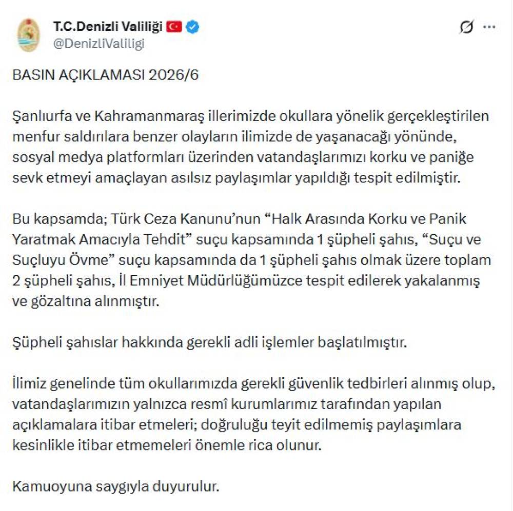 Denizli'de okul saldırılarıyla ilgili yanıltıcı paylaşımlar yapan 2 ş&uuml;pheli g&ouml;zaltına alındı