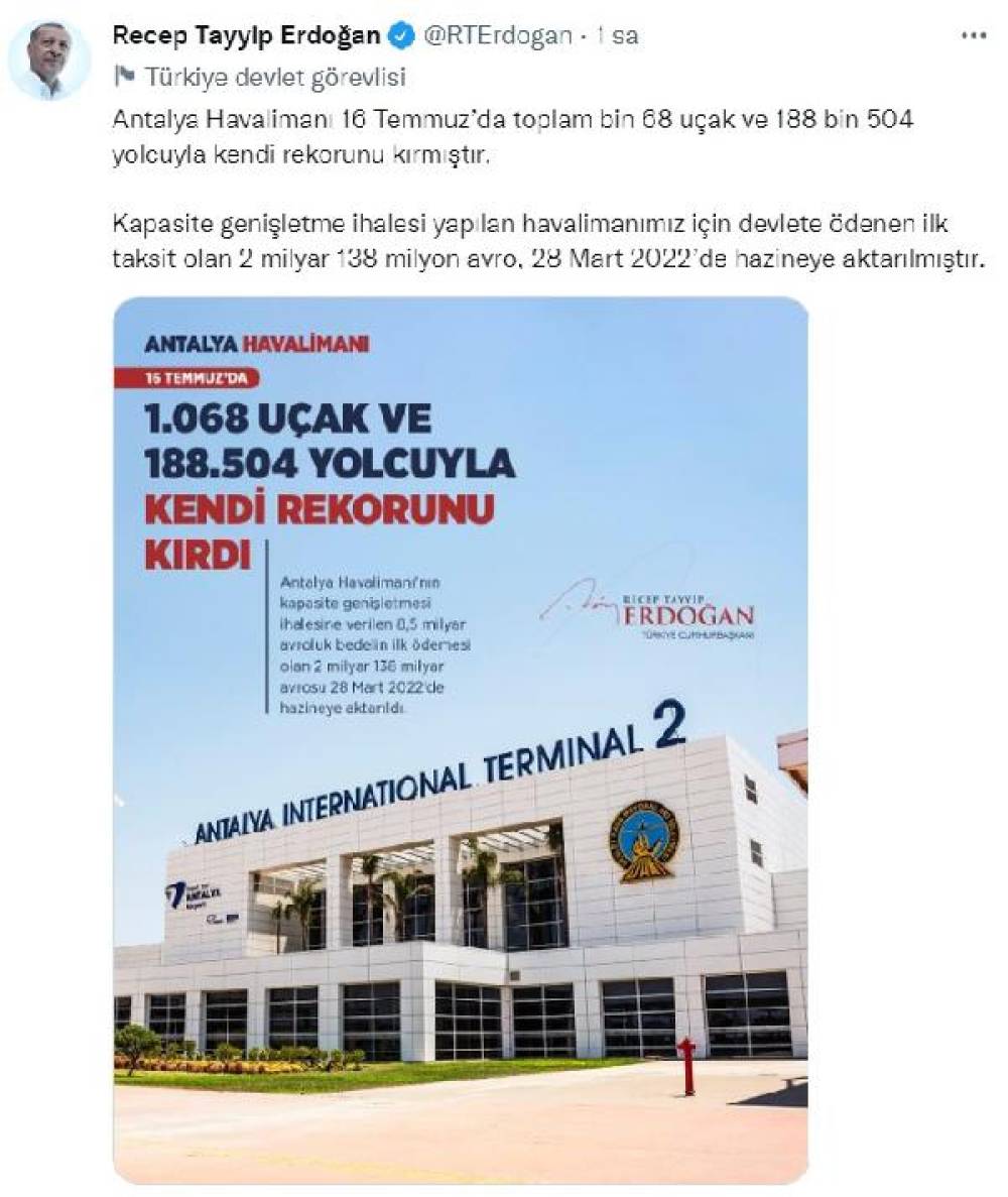 Cumhurbaşkanı duyurdu: Antalya Havalimanı 1068 uçuşla kendi rekorunu kırdı