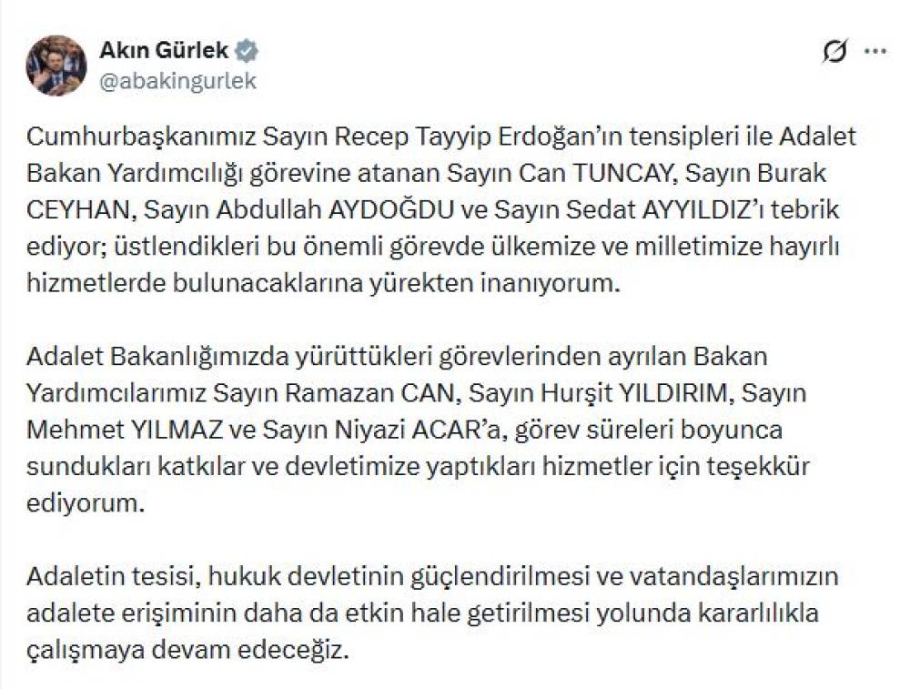 Bakan G&uuml;rlek, Adalet Bakanlığı Bakan Yardımcılığına atananları tebrik etti