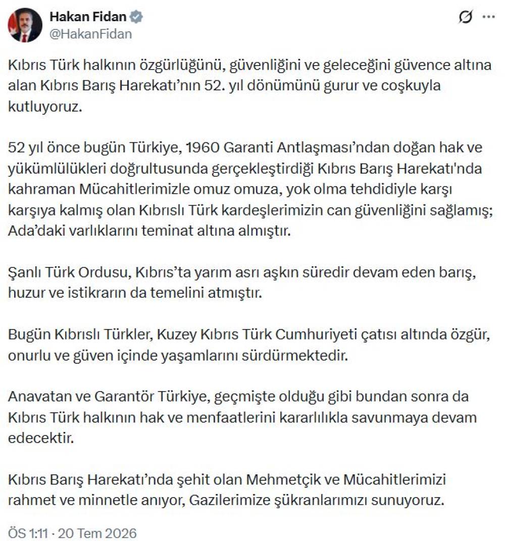 Bakan Fidan: T&uuml;rkiye, Kıbrıs T&uuml;rk halkının hak ve menfaatlerini savunmaya devam edecek