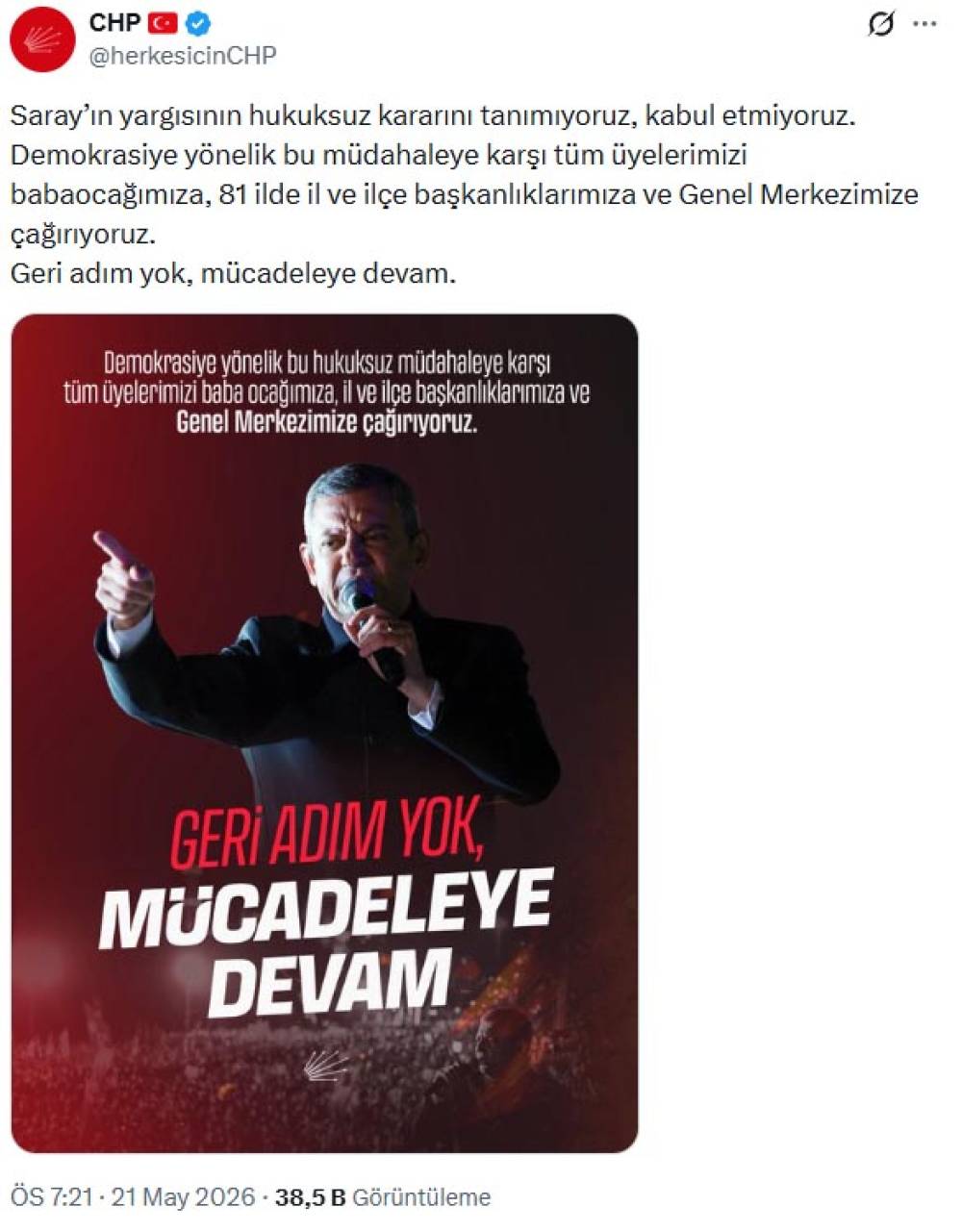 CHP: 'Geri adım yok, m&uuml;cadeleye devam' a&ccedil;ıklaması