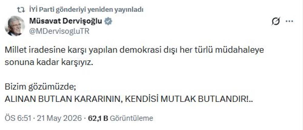 Dervişoğlu: Demokrasi dışı her t&uuml;rl&uuml; m&uuml;dahaleye karşıyız