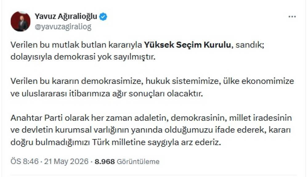 Ağıralioğlu: Demokrasi yok sayılmıştır