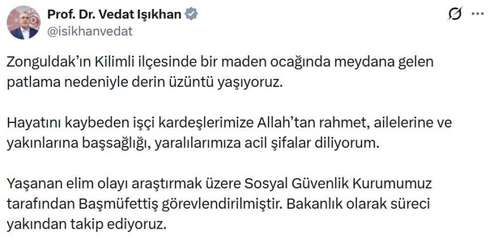 Bakan Işıkhan: Madendeki patlamayla ilgili başm&uuml;fettiş g&ouml;revlendirildi