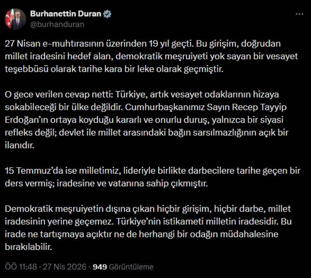 İletişim Başkanı Duran: Hi&ccedil;bir darbe millet iradesinin yerine ge&ccedil;emez