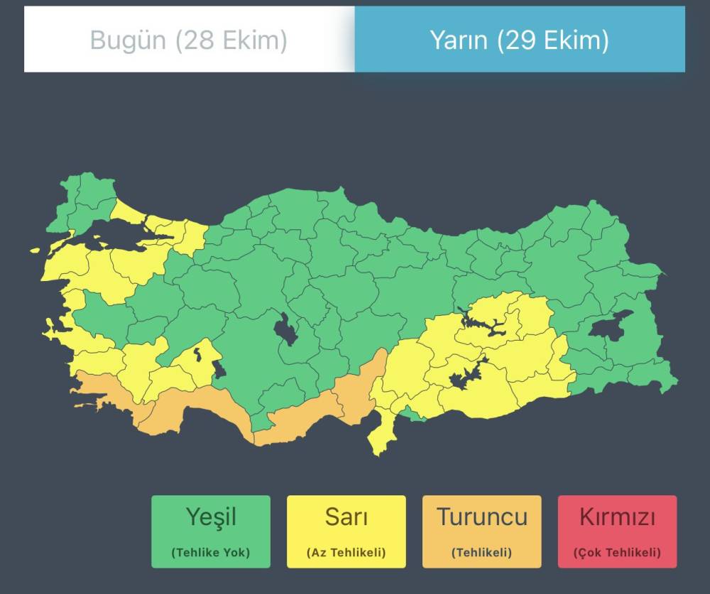 Bakanlıktan 4 il i&ccedil;in 'turuncu', 25 il i&ccedil;in 'sarı' kodlu uyarı