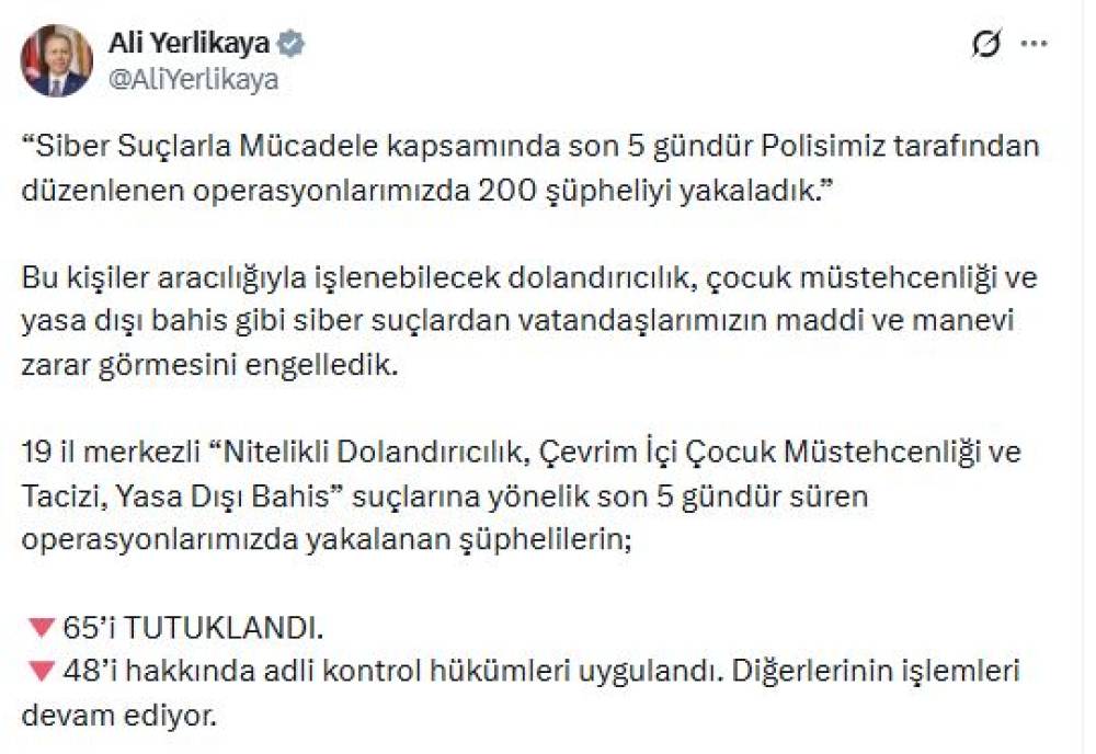 19 ilde siber su&ccedil; operasyonu: 200 g&ouml;zaltı
