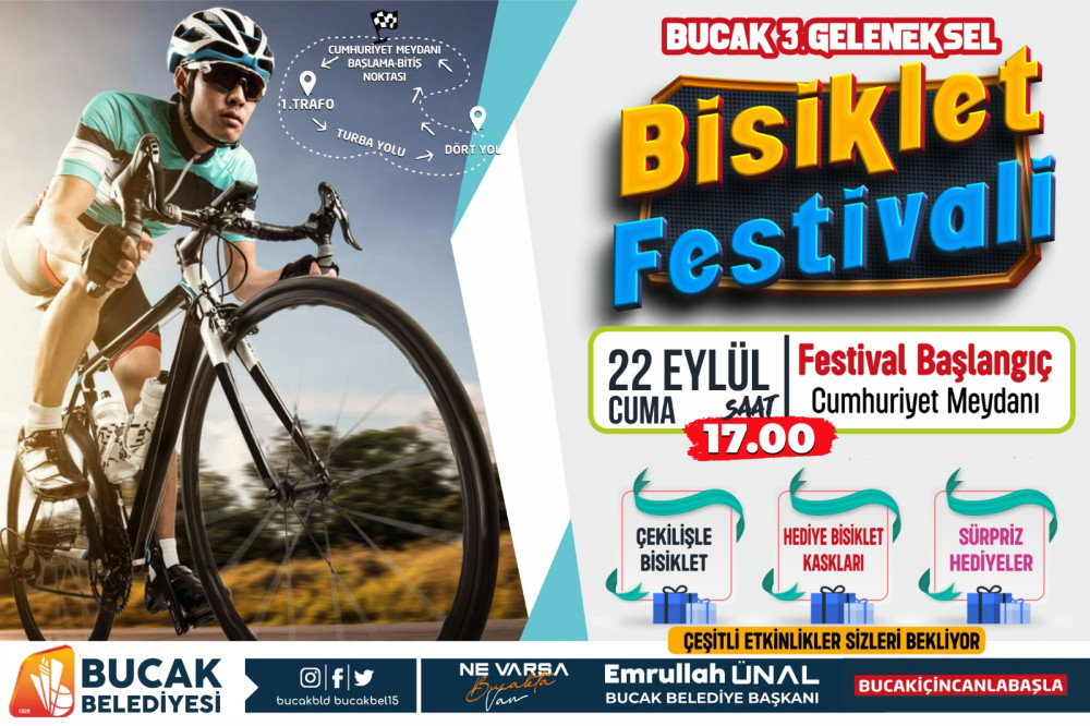             Bucak Belediyesi 3. Bucak Bisiklet Festivali  23 Eylül Cuma günü saat 17:00’da Cumhuriyet meydanında başlıyor.