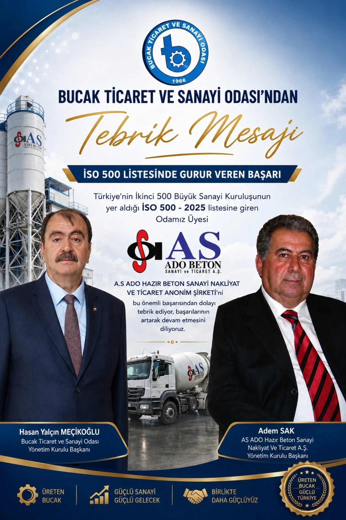 BUCAK TSO BAŞKANI ME&Ccedil;İKOĞLU&rsquo;NDAN AS ADO HAZIR BETON&rsquo;A TEBRİK MESAJI