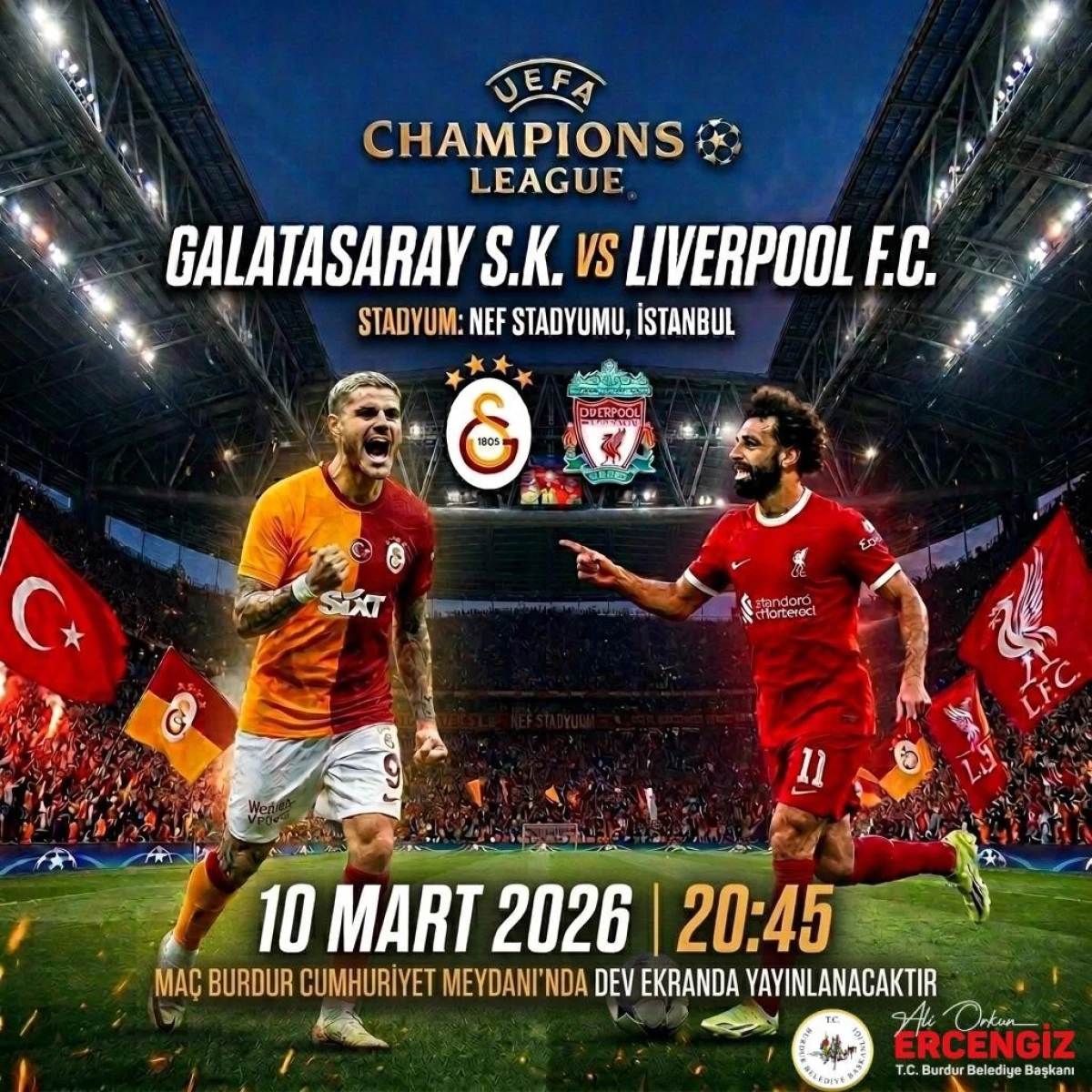 Burdur&rsquo;da Dev Ma&ccedil; Heyecanı: Galatasaray - Liverpool Karşılaşması Cumhuriyet Meydanı&rsquo;nda!