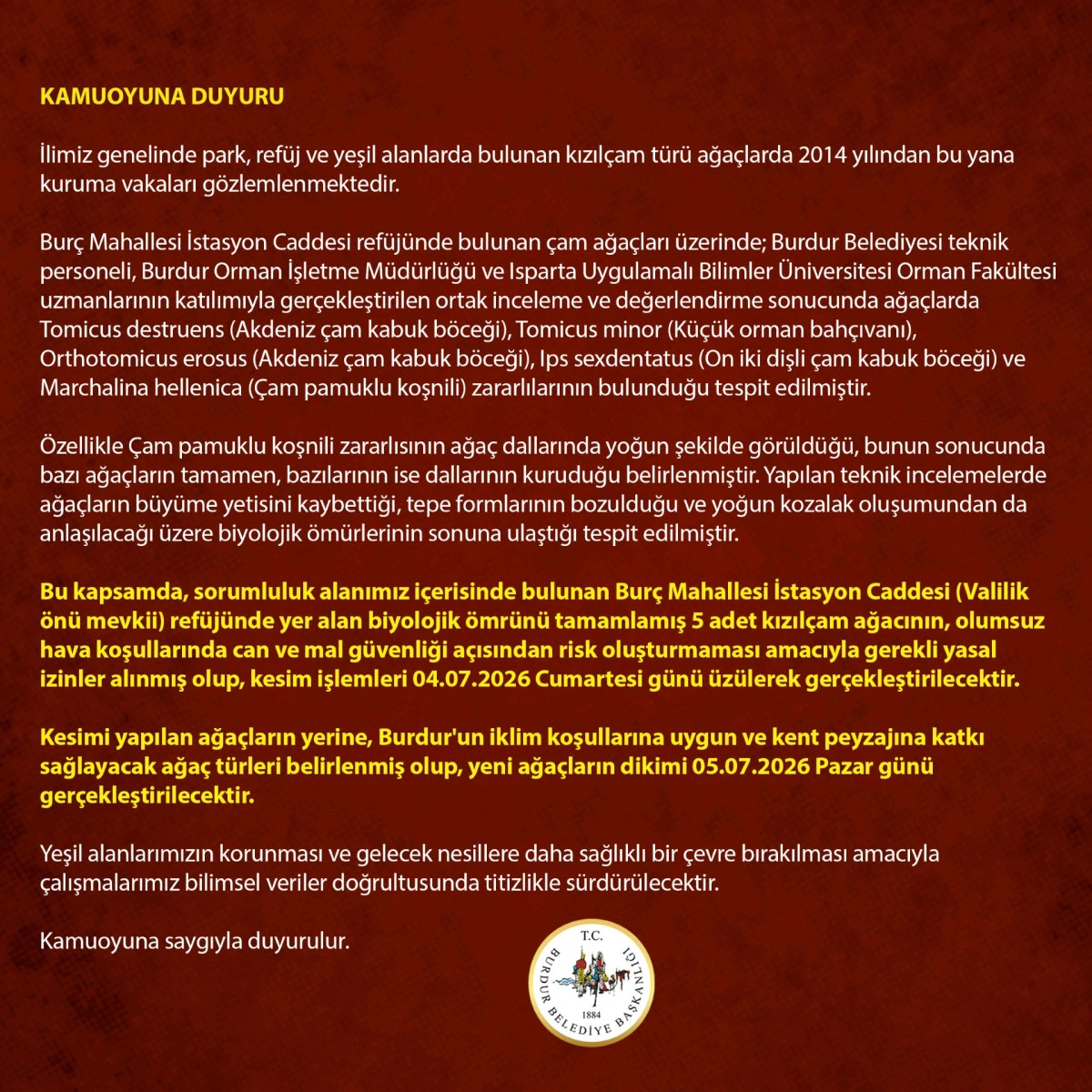 BURDUR&rsquo;DA VALİLİK &Ouml;N&Uuml;NDEKİ KURUYAN &Ccedil;AM AĞA&Ccedil;LARI İ&Ccedil;İN ZORUNLU KESİM VE YENİLEME &Ccedil;ALIŞMASI